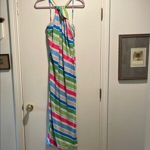 Elizabeth Stewart Vtg Chic Pink and Blue Maxi Silhouette Side Slits Maxi Dress